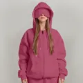 Set felpa con cappuccio e zip invernale tinta unita da donna con mascherina - Taglia S / Top / Borgogna