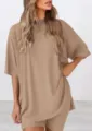 Casual solid color crew neck short sleeve shorts set in khaki, comfortable lounge wear outfit. - XS / Set / Khaki