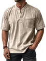 Men's casual short sleeve henley shirt with button placket and chest pocket in khaki. - M / Tops / Khaki