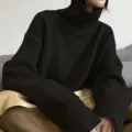 Femme pull noir col roulé épais ample tricot hiver chaud mode élégant haut décontracté - Noir