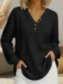 Γυναικείο Μαύρο Waffle Πλεκτό V-Neck Μακρυμάνικο Κουμπί Τοπ Μόδα Φθινόπωρο Casual - S / Μαύρο
