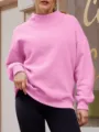 Sweat-shirt rose à col montant pour femme, pull molletonné casual à manches longues. - Rose
