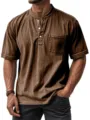 Detailed view of men's casual short sleeve brown henley shirt with button pocket. - M / Tops / Dark Brown
