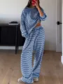 Mujer otoño top de manga larga a rayas y pantalón largo de talle alto casual set. - S / Top y Pantalones / Azul