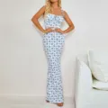 Elegant blue and white floral sleeveless spaghetti strap bodycon maxi dress detail. - White