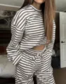 Detail view of brown white striped long sleeve top and high waist pants casual set. - S / Top And Bottom / Khaki