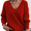 Suéter de punto holgado con cuello en V rojo para mujer manga larga detalle vista - S / Tops / Rojo Granate