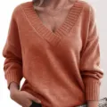 Close-up shot of women casual V-neck knitted sweater, cozy long sleeve pullover knitwear. - S / Tops / Orange