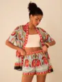 Tropischer Print Zweiteiler, Kurzarm Kimono Cardigan und passender Shorts Detailansicht. - XS / Oben Und Unten / Wassermelonenrot