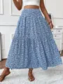 Blue and white floral tiered maxi skirt, elegant high waist boho long skirt for women. - Blue Floral