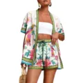 Tropischer Print Zweiteiler mit Kurzarm Cardigan und passenden kurzen Shorts fuer Damen. - XS / Oben Und Unten / Sattes Grün