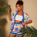 Tropischer Print Zweiteiler Set Kurzarm Cardigan und Shorts Damen Mode Outfit - XS / Oben Und Unten / Blau