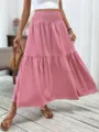 Solid pink tiered maxi skirt featuring high elastic waist, stylish long flowy design. - Pink