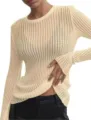 Top femme beige tricot côte transparent manches longues col rond élégant mode chic - S / Abricot