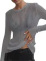 Femme haut uni côtelé manches longues col rond respirant printemps mode tendance chic - S / Gris