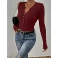 Top de manga larga de punto acanalado burdeos ajuste entallado cuello en V con botones - XS / Burdeos