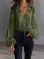 2026 Dames Mode Kant Patchwork V-Hals Lange Ballonmouw Elegante Plooien Blouse Top - S / Groen