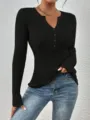 Jersey de mujer negro de canalé manga larga ajuste slim cuello Henley casual moda - XS / Negro
