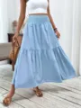 Light blue high waist tiered maxi skirt, elegant pleated long skirt for women daily wear. - Sky Blue