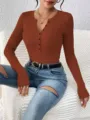Dames effen slim-fit geribbelde top met lange mouwen en knoopsluiting casual kleding - XS / Chocolade