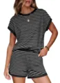 Black and white striped casual lounge set, short sleeve top and shorts pyjamas for women. - S / Black White Striped