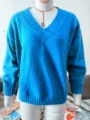 Casual V-neck knit sweater for women, comfortable long sleeve solid color pullover top. - S / Tops / Blue