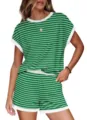 Women Green Striped Casual Lounge Set Short Sleeve Top and Matching Shorts Variant View. - S / Green Stripes