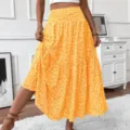 Falda larga naranja con estampado floral, talle alto, falda bohemia con volantes para verano. - S / Floral Amarillo