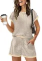 Women Summer Striped Casual Set Short Sleeve Top and Shorts Comfy Loungewear Outfit - S / Beige Brown Striped