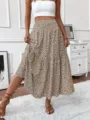 Brown floral tiered maxi skirt, high waist bohemian long skirt for women casual summer daily. - Khaki Patterned