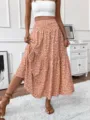 Floral tiered maxi skirt for women, high waist orange long skirt with elegant boho style. - Orange Floral
