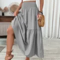 Grey high waist smocked tiered maxi skirt for women casual long flowy boho skirt apparel. - Gray
