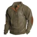 Close-up detail of men's casual mock neck long sleeve pullover with contrast elbow patches. - S / Tops / Khaki