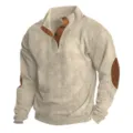 Men's casual stand collar long sleeve sweatshirt with elbow patches and button placket design. - S / Tops / White Apricot