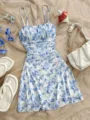 Französisches Blumen-Slip-Kleid Damen Sommer slim Taille sexy Bodycon Mini Kleid chic. - XS / Kleider / Blau