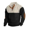 Men's casual color-block ribbed long sleeve sweater with mock neck and elbow patches. - 5XL / Tops / Apricot + Brown