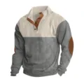 Men's Corduroy Stand Collar Long Sleeve Sweatshirt Casual Color Block Pullover Top! - S / Tops / Apricot + Gray