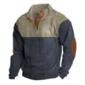 Men's color block knitted sweater with mock neck long sleeves and stylish elbow patches. - S / Tops / Khaki + Blue
