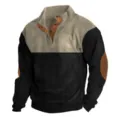 Men's contrast color stand collar long sleeve knit pullover sweater with elbow patches - S / Tops / Khaki & Black