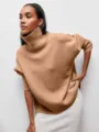 Pull chic pour femme col haut ample camel, vêtement élégant en tricot pour automne hiver. - Chameau