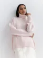 Pull oversize col roulé rose pour femme, pull en tricot doux à manches longues pour hiver. - Rose Lotus