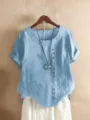 Losse korte mouw linnen katoenen damesblouse, comfortabele zomertop met knoopdetails. - S / Hemelsblauw