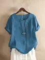 Dames casual katoen linnen korte mouw top losse ronde hals asymmetrische knoppen blouse - S / Donkerblauw