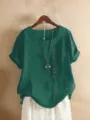 Casual losse linnen katoenen korte mouw blouse plus size top detailweergave hier. - S / Donkergroen