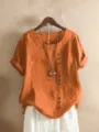 Casual dames katoen linnen korte mouw blouse met knopen, losse oversized top voor de zomer. - S / Oranje