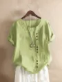 Losse linnen top voor dames in grote maat, mooie casual korte mouw blouse met knopen. - S / Muntgroen