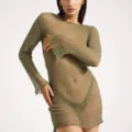 Women sheer knit mini dress sexy long sleeve beach cover up bodycon dress olive - S / Olive Color