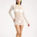 Women sheer knit mini dress long sleeve beach cover up sexy slim fit casual summer wear - S / White