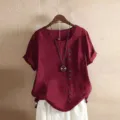 Casual dames blouse van linnen en katoen korte mouw losse comfortabele zomertop - S / Bordeauxrood