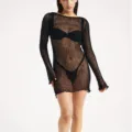 Black sheer knit long sleeve mini dress sexy beach cover up fitted sexy clubwear outfit - S / Black